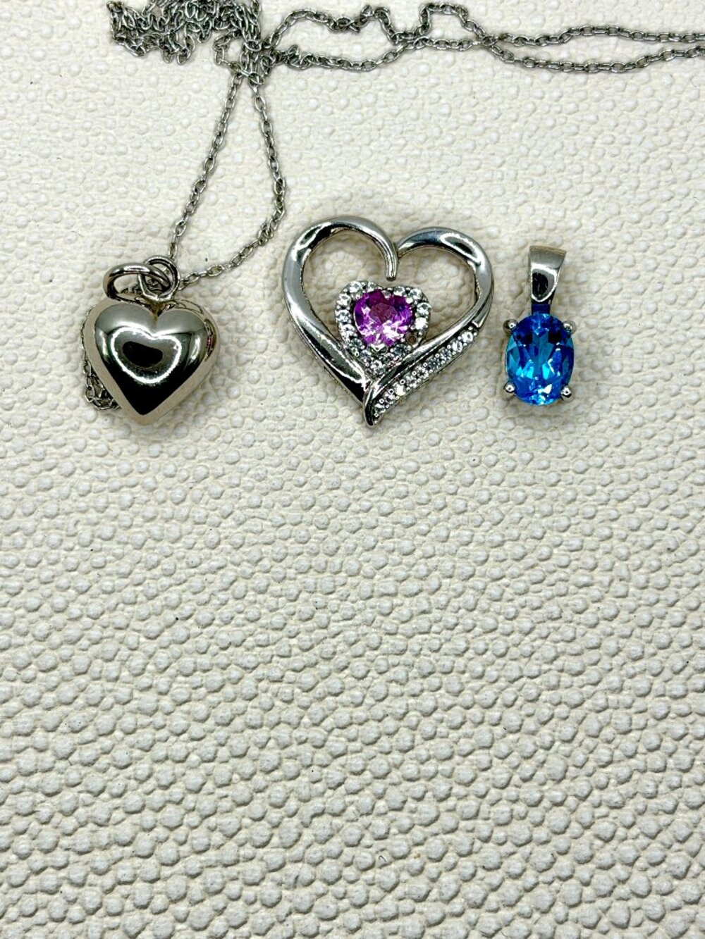 Sterling SilverPendant Bundle – Plain Heart, Blue Topaz, & Pink Heart/Diamonds